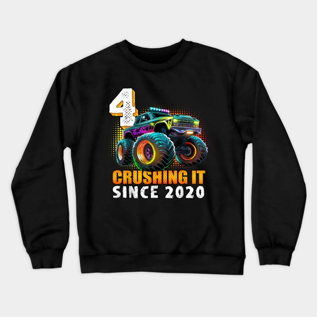 Monster Truck 4 Year Old Boys 4th Birthday Party Born 2020 Crewneck Sweatshirt by elmiragokoryan